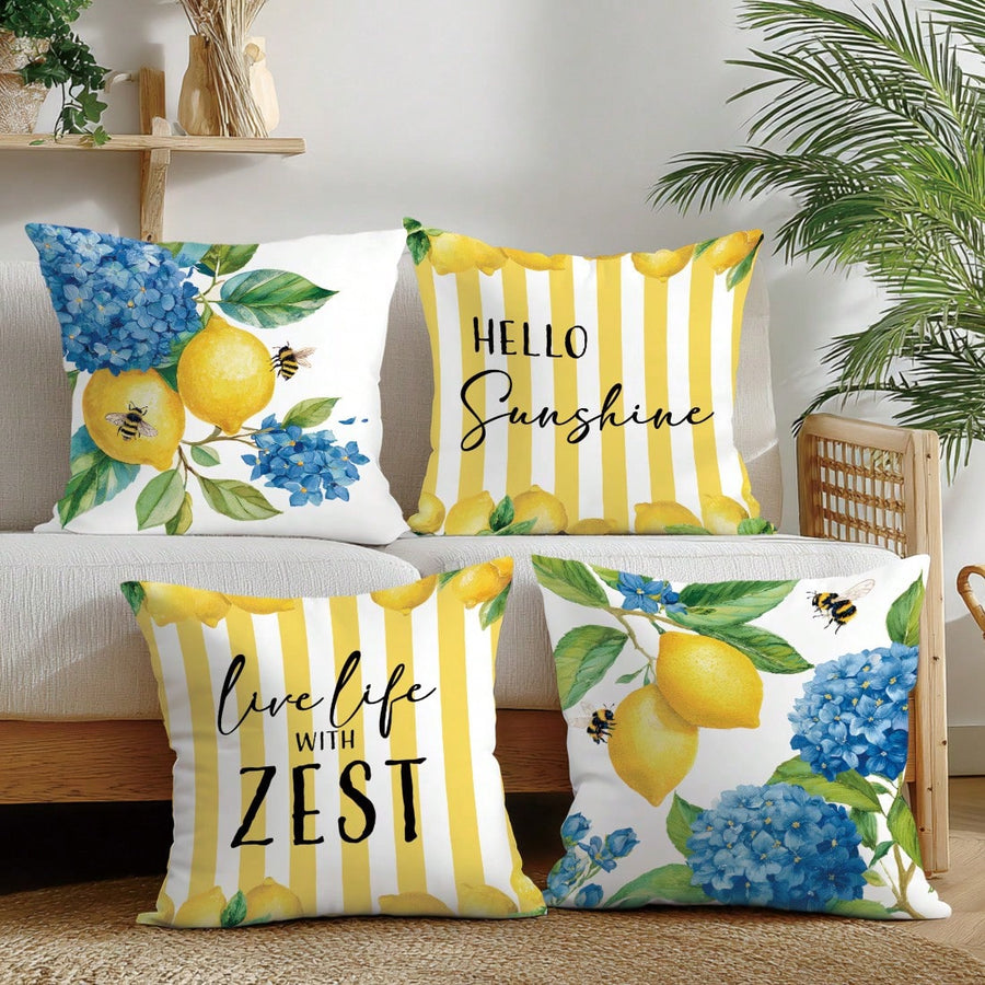 4pcs Lemon Theme Pillow Case Set, Single-Sided Printed Peach Velvet Material, 45*45/50*50/40*40CM/18*18inch Cushion Cover For Modern Fabric Sofa Indoor Decor, Party Decoration, Gift
