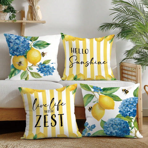 4pcs Lemon Theme Pillow Case Set, Single-Sided Printed Peach Velvet Material, 45*45/50*50/40*40CM/18*18inch Cushion Cover For Modern Fabric Sofa Indoor Decor, Party Decoration, Gift