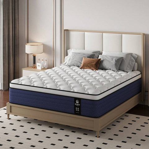 LODEIJA Ergonomic Medium Firm Hybrid Mattress In A Box - 10/12/14 Inch Thick, Twin, Full, Queen, King Sizes | Pocket Springs & Memory Foam For Motion Isolation, Pressure Relief, And Silent Sleep, Breathable Bed Mattress, Fiberglass-Free, Blue & White