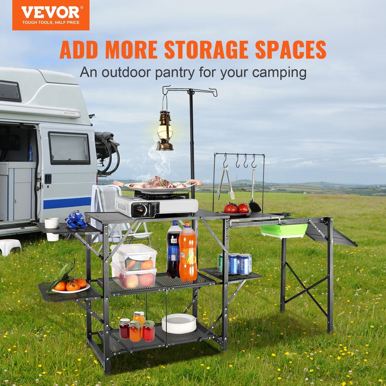 Camping Kitchen Table Folding Portable Cook Station Tables Shelves &A Sink